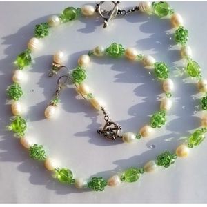 925 Sterling silver, Pearls, glass necklace , earrings, bracelet.